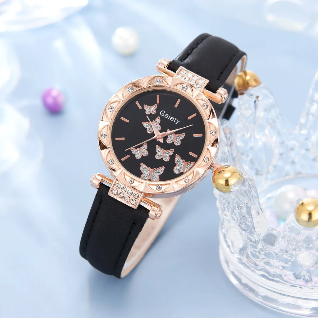 Women Watch Ring Necklace Earrings Bracelet Set Watches Butterfly Leather Strap Ladies Quartz WristWatch (No Box)