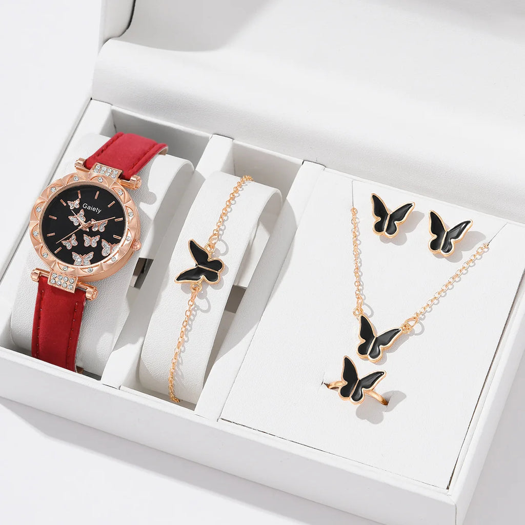 Women Watch Ring Necklace Earrings Bracelet Set Watches Butterfly Leather Strap Ladies Quartz WristWatch (No Box)