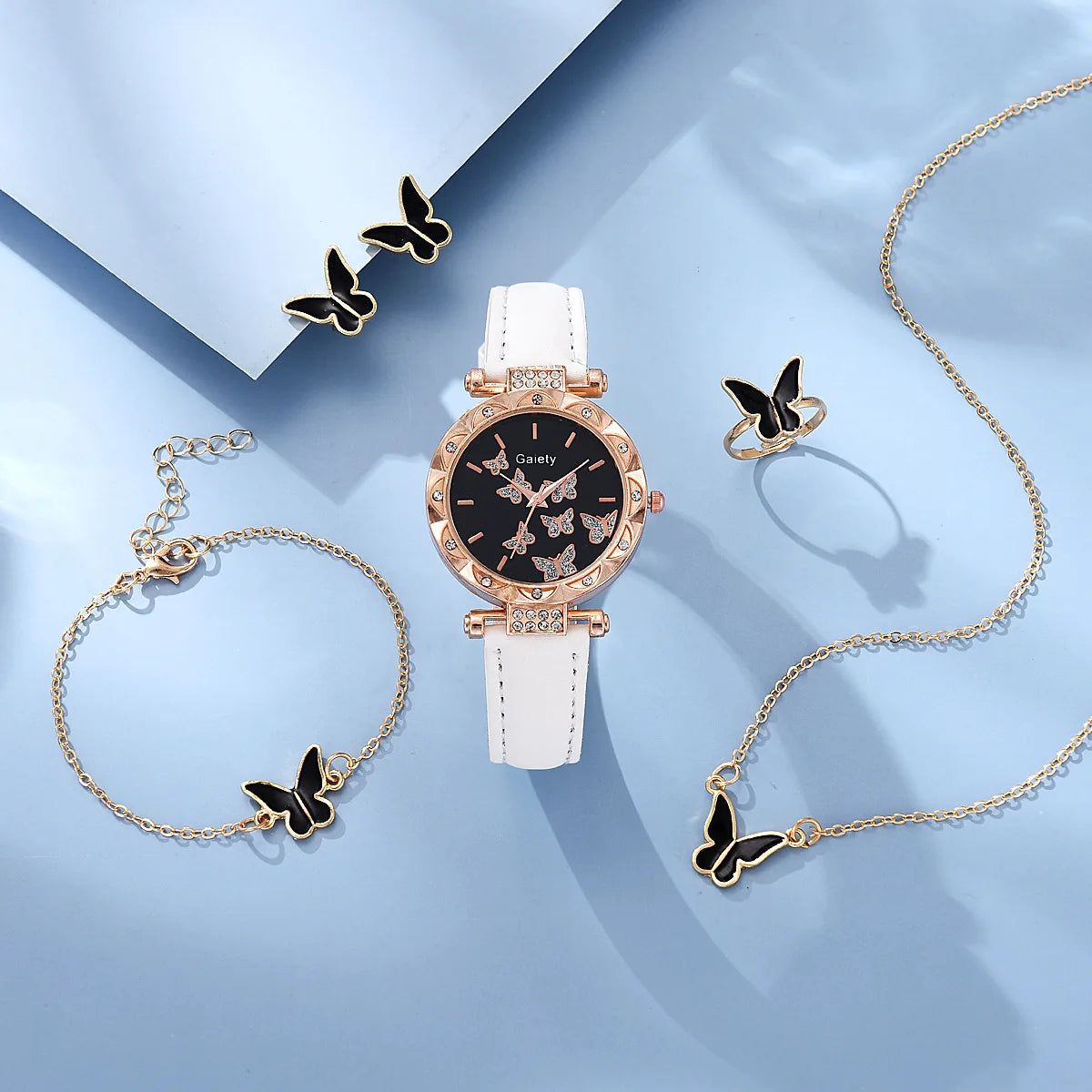 Women Watch Ring Necklace Earrings Bracelet Set Watches Butterfly Leather Strap Ladies Quartz WristWatch (No Box)
