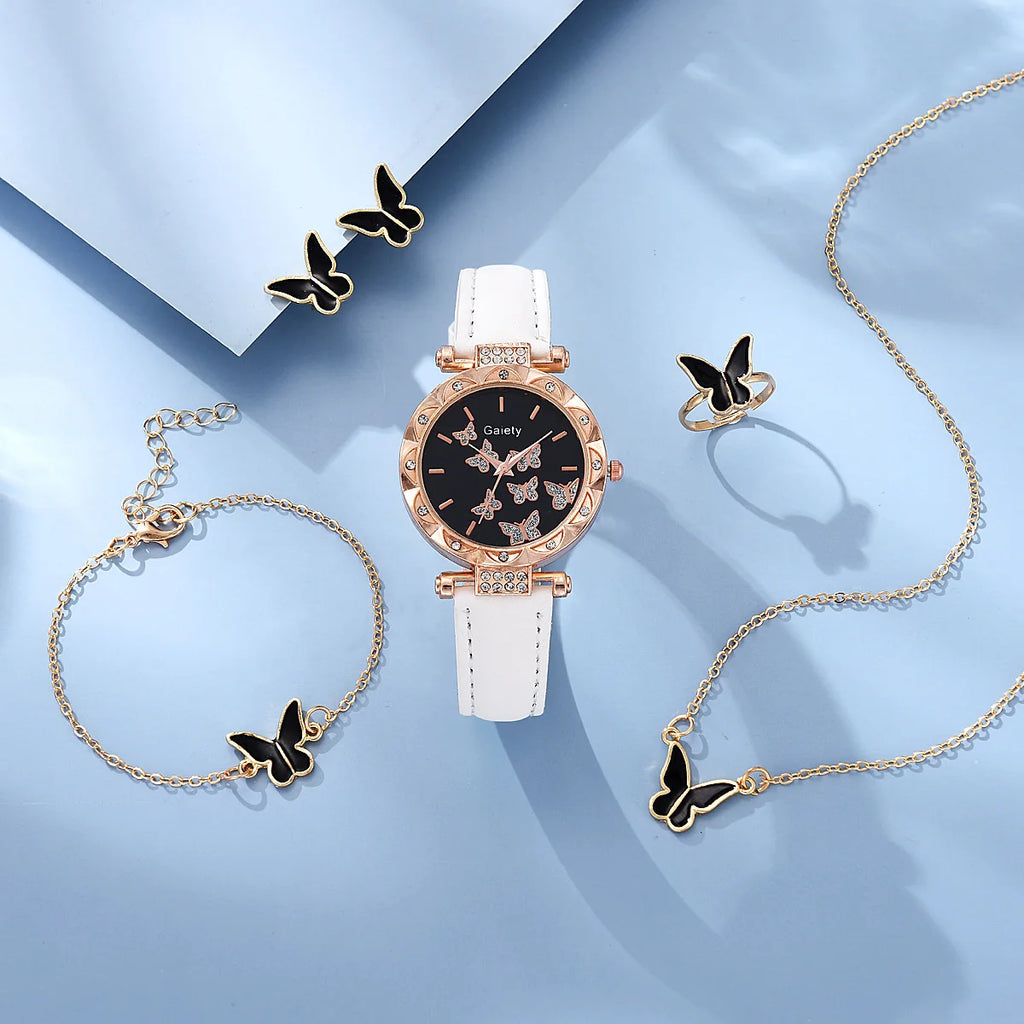 Women Watch Ring Necklace Earrings Bracelet Set Watches Butterfly Leather Strap Ladies Quartz WristWatch (No Box)