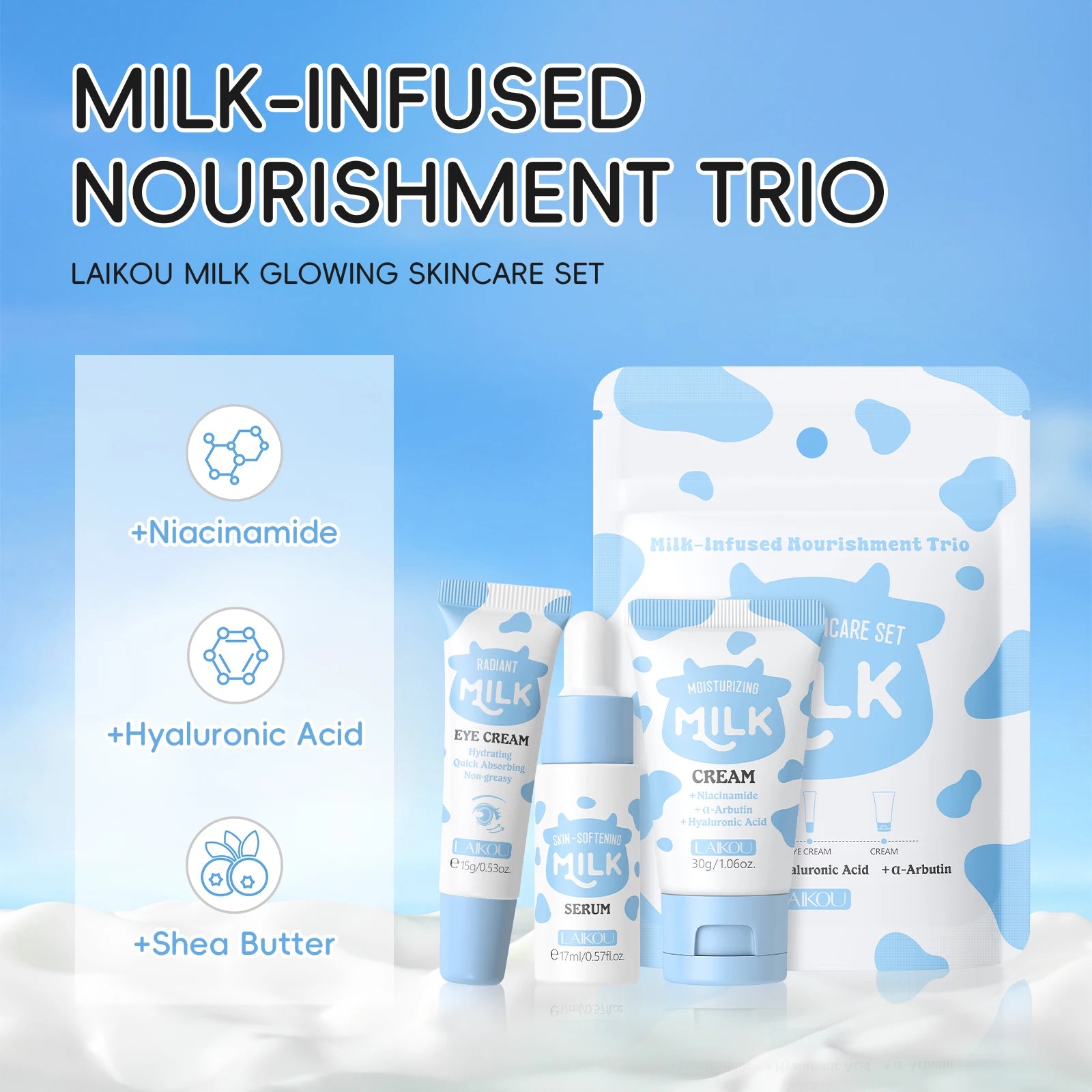 LAIKOU Milk Glowing Trio Set - Korean Skincare Gift Set (Serum + Eye Cream + Moisturizer)
