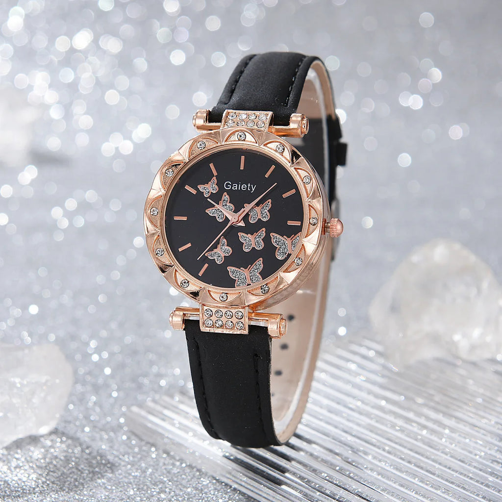 Women Watch Ring Necklace Earrings Bracelet Set Watches Butterfly Leather Strap Ladies Quartz WristWatch (No Box)