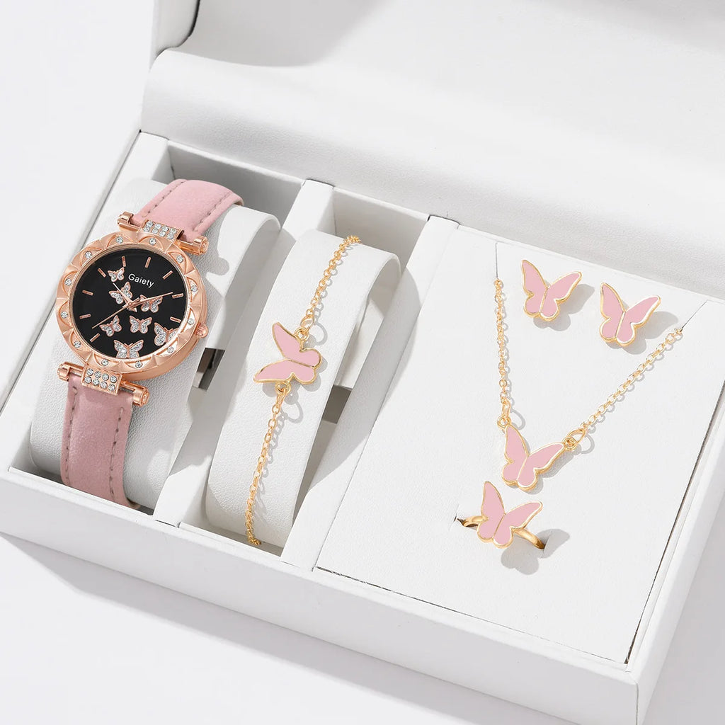 Women Watch Ring Necklace Earrings Bracelet Set Watches Butterfly Leather Strap Ladies Quartz WristWatch (No Box)