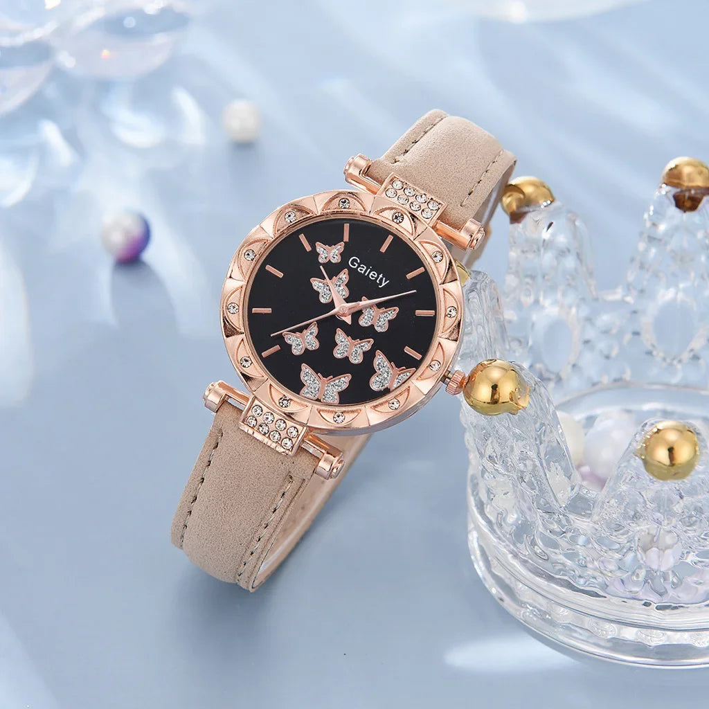Women Watch Ring Necklace Earrings Bracelet Set Watches Butterfly Leather Strap Ladies Quartz WristWatch (No Box)