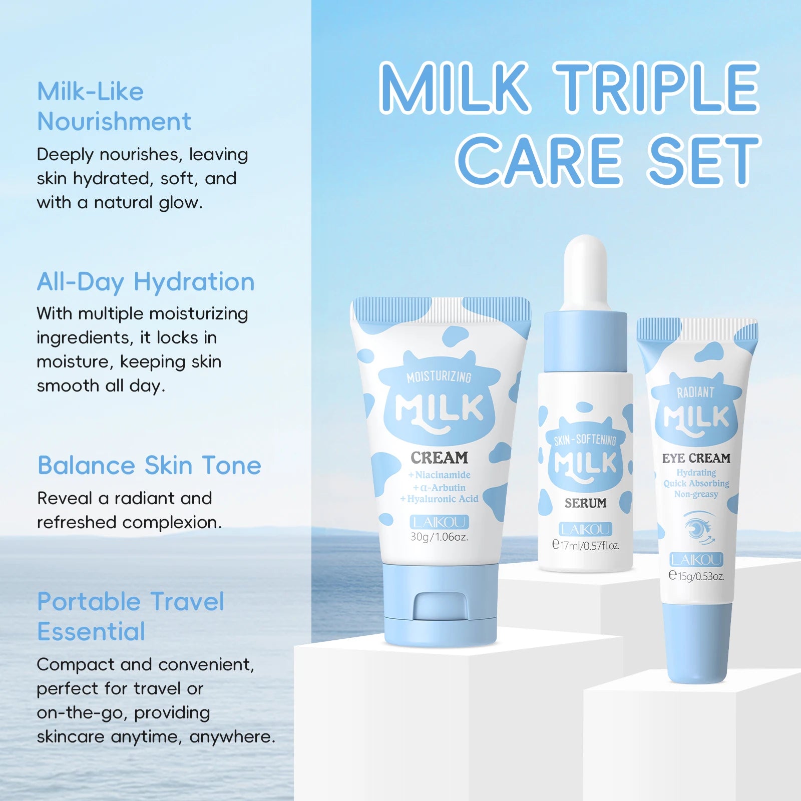 LAIKOU Milk Glowing Trio Set - Korean Skincare Gift Set (Serum + Eye Cream + Moisturizer)