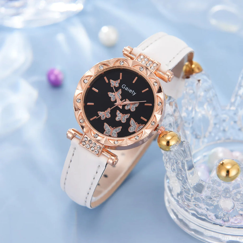 Women Watch Ring Necklace Earrings Bracelet Set Watches Butterfly Leather Strap Ladies Quartz WristWatch (No Box)