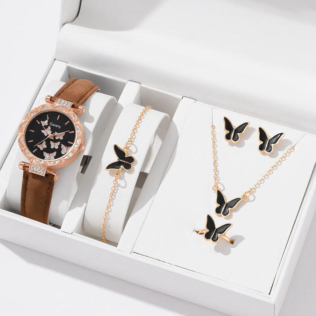 Women Watch Ring Necklace Earrings Bracelet Set Watches Butterfly Leather Strap Ladies Quartz WristWatch (No Box)